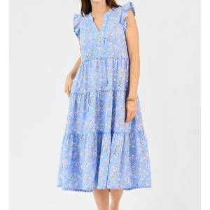 Blue Floral Tiered Midi Dress with Ruffle Sleeves